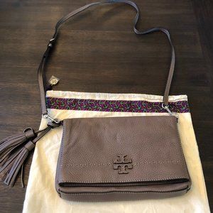 TORY BURCH McGraw Pebbled Leather Foldover Crossbody Bag- Silver Maple